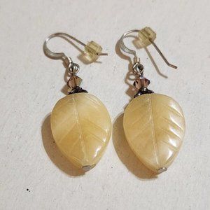 Bohemian Carved Aragonite Leaf Silver Tone Beaded Dangle Vtg